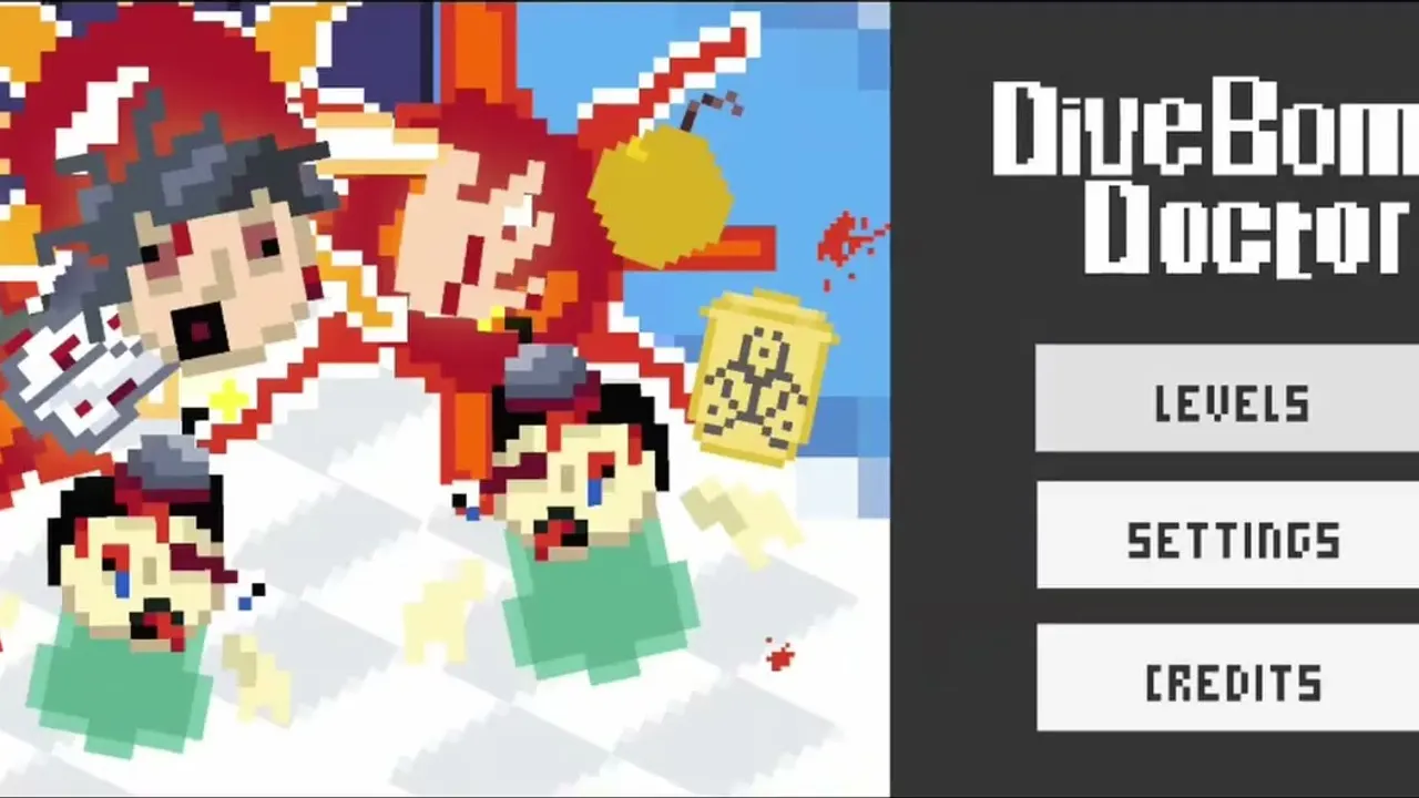 DiveBomb Doctor title screen with pixel-art doctors and Levels, Settings and Credits buttons