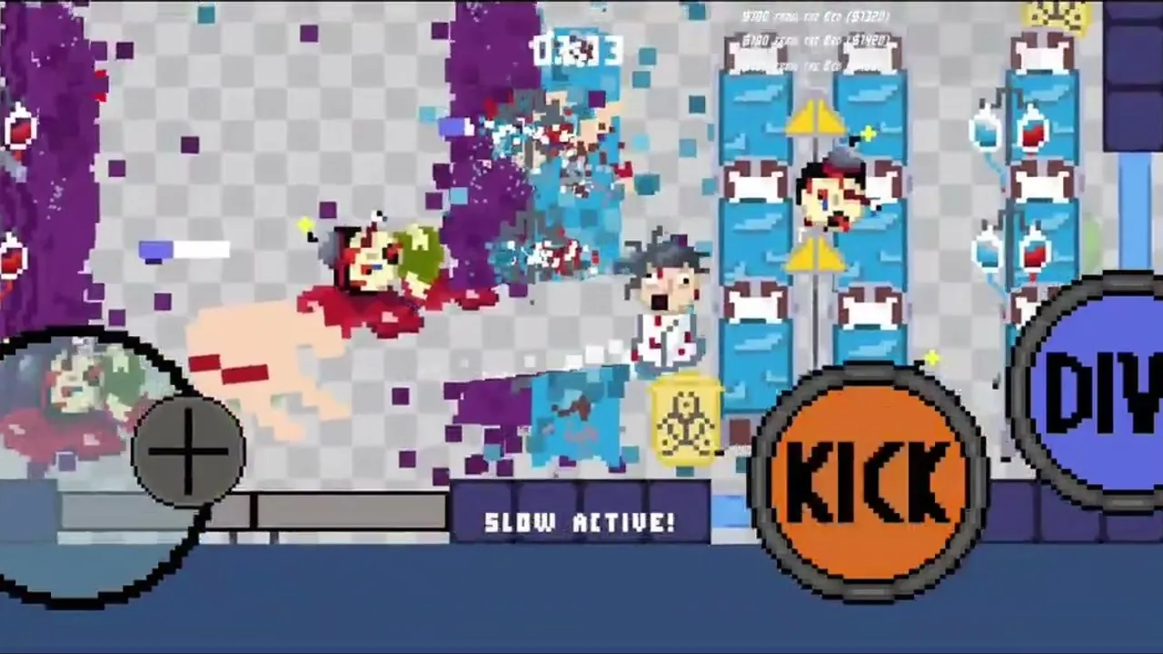 The doctor diving through a hospital ward with slow motion active, Kick and Dive buttons on screen