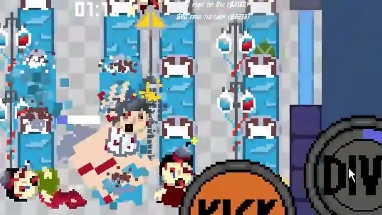 Close-up of the doctor kicking patients between hospital beds
