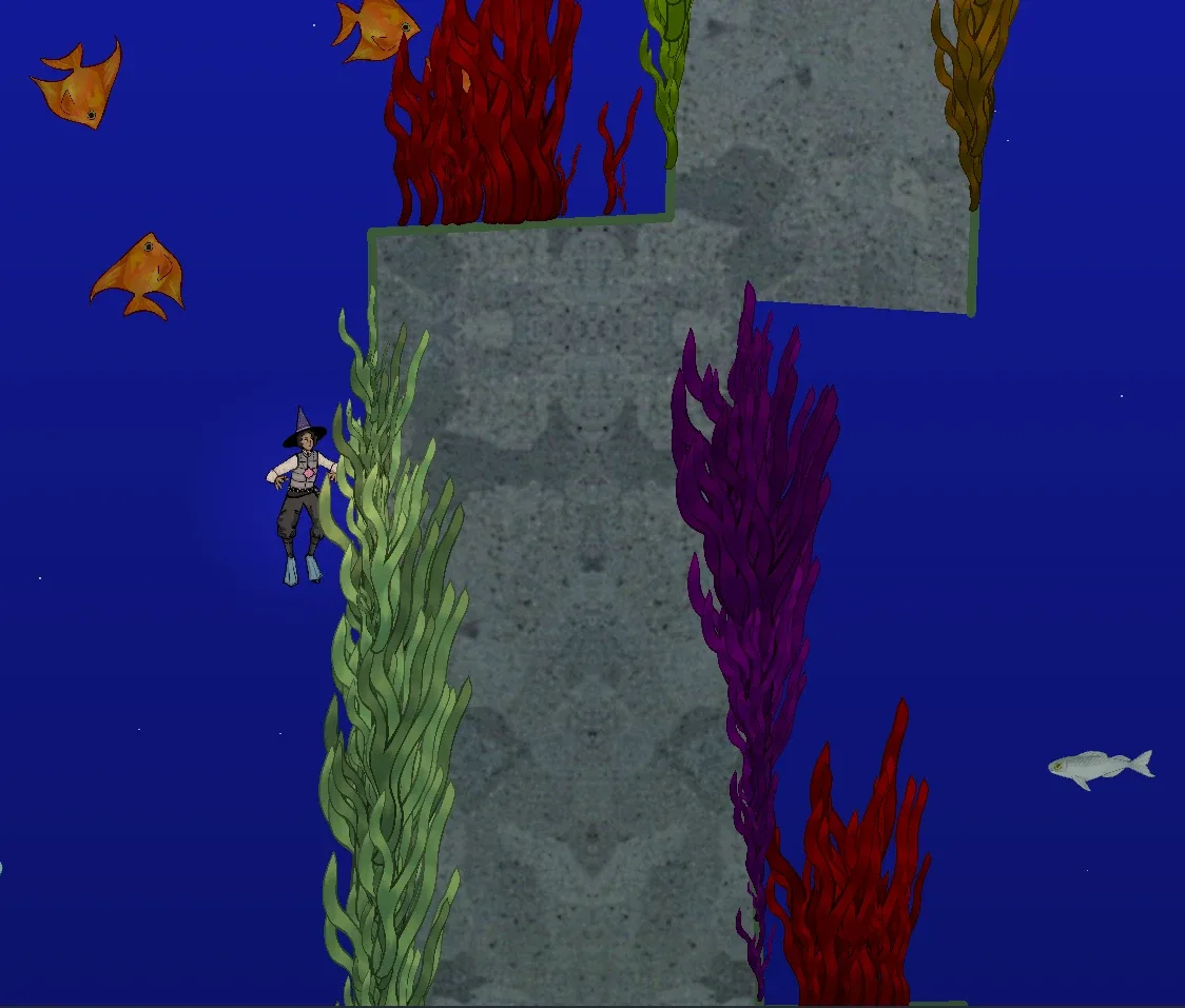 Top-down view of the player swimming past fiery coral, spell controls listed on the right