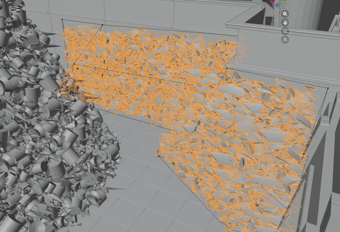 Scrap fragments heaped against the walls, generated by instancing points inside a volume