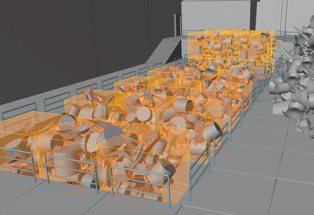 Fenced bays filled with scrap, each one generated inside a box volume