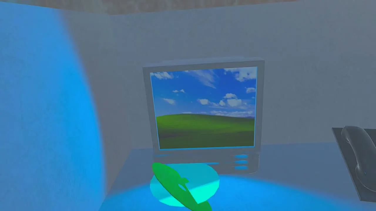 An old computer monitor showing a green-hill desktop wallpaper, with a VR teleport marker