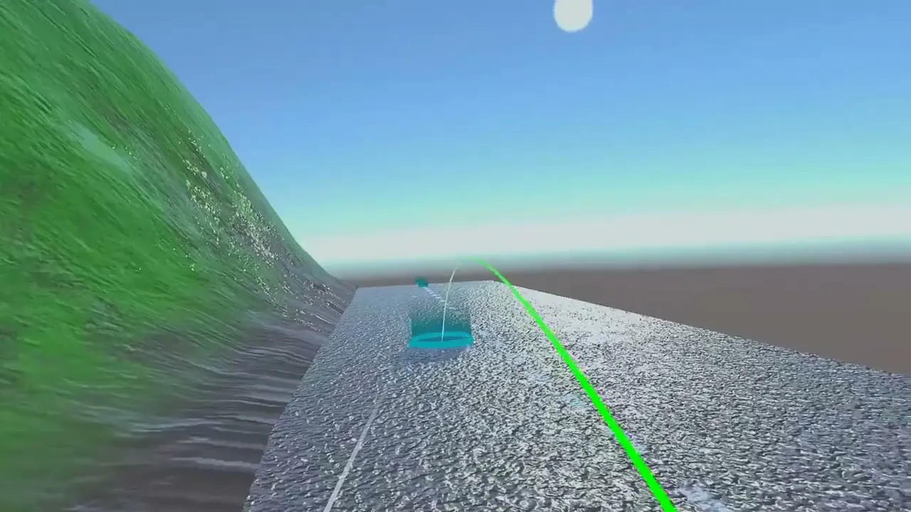 A VR teleport arc pointing along a gravel path beside the grassy hill