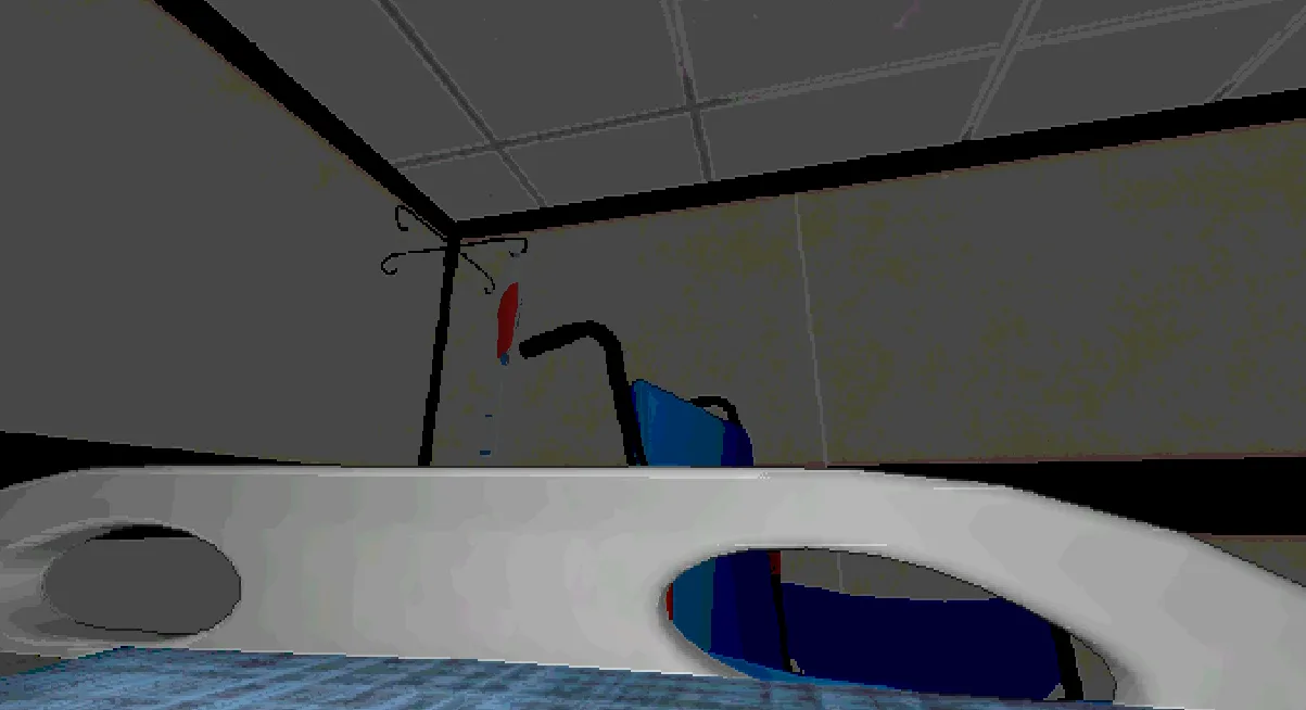 First-person view from the hospital bed, looking past the rail at a wheelchair and IV stand