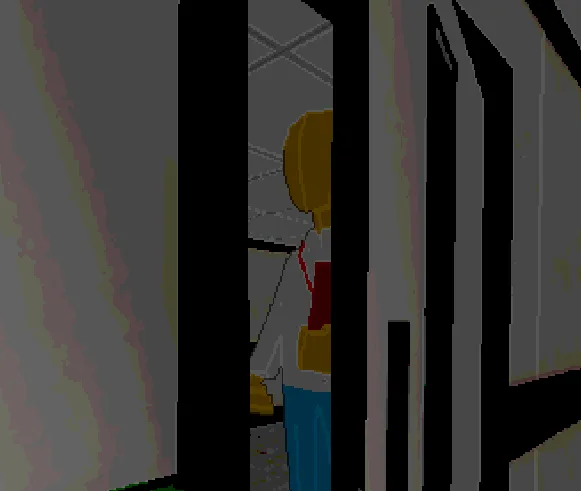 A figure glimpsed through a partly open doorway in a dim corridor