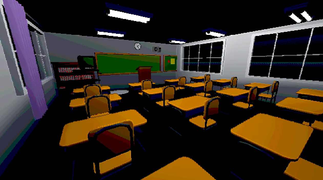 An empty classroom with orange desks, a chalkboard and tall windows