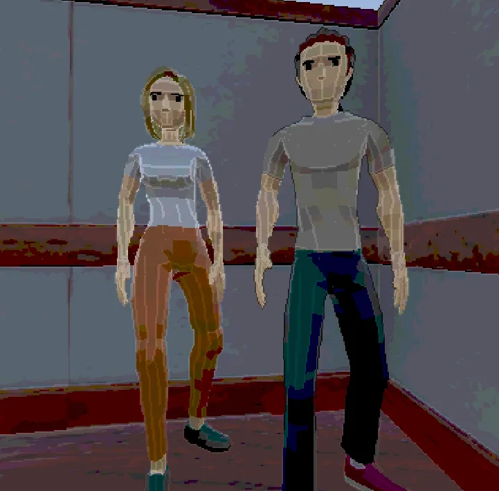 Two low-poly adults standing in a room with red-trimmed walls