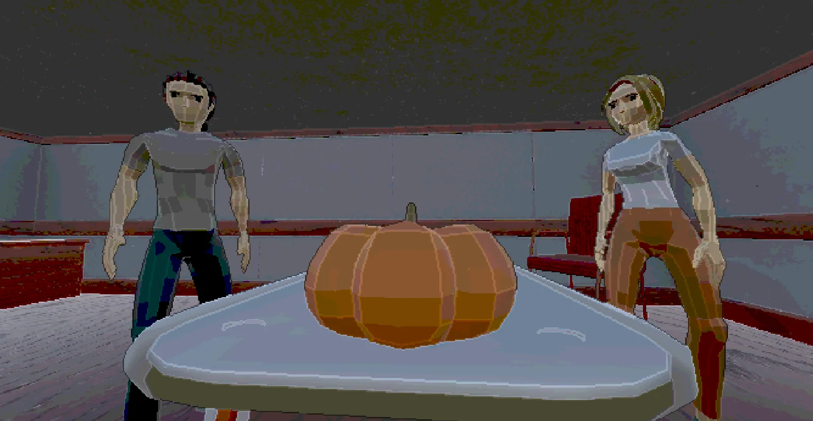 Two figures standing either side of a hospital table with a pumpkin on it