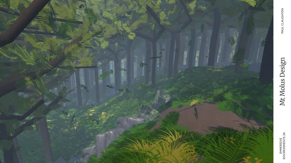 Mt Tmolus design render: a dirt trail winding uphill through dense ferns, with leaves drifting down