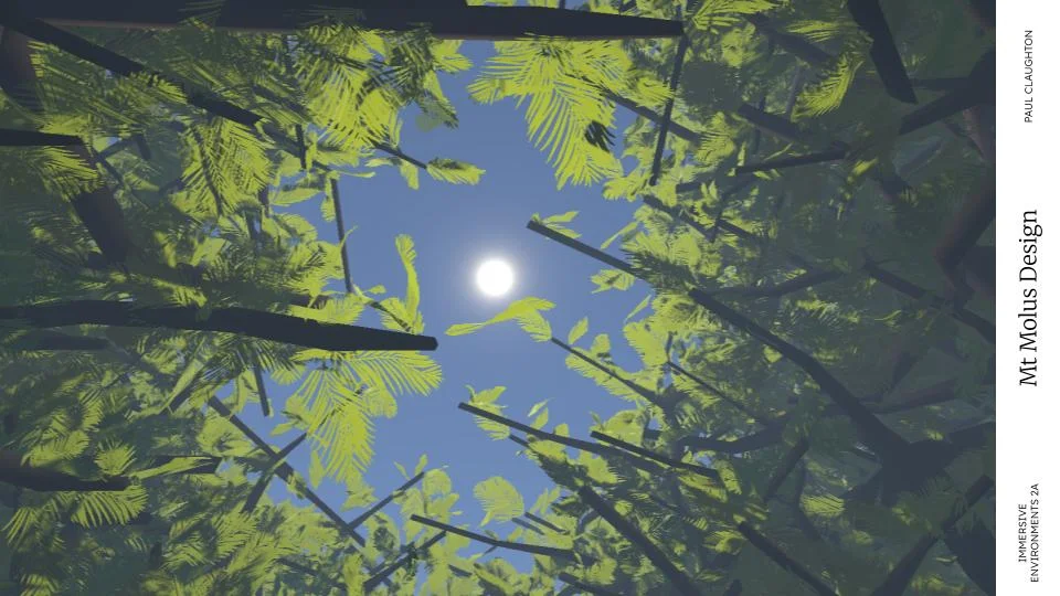 Mt Tmolus design render: looking straight up through fern-like branches at the sun in a blue sky