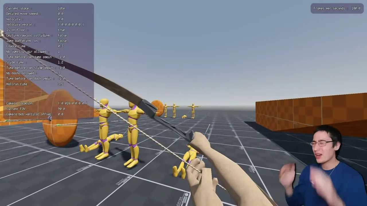 First-person bow aimed at yellow training dummies, with Paul talking on camera in the corner