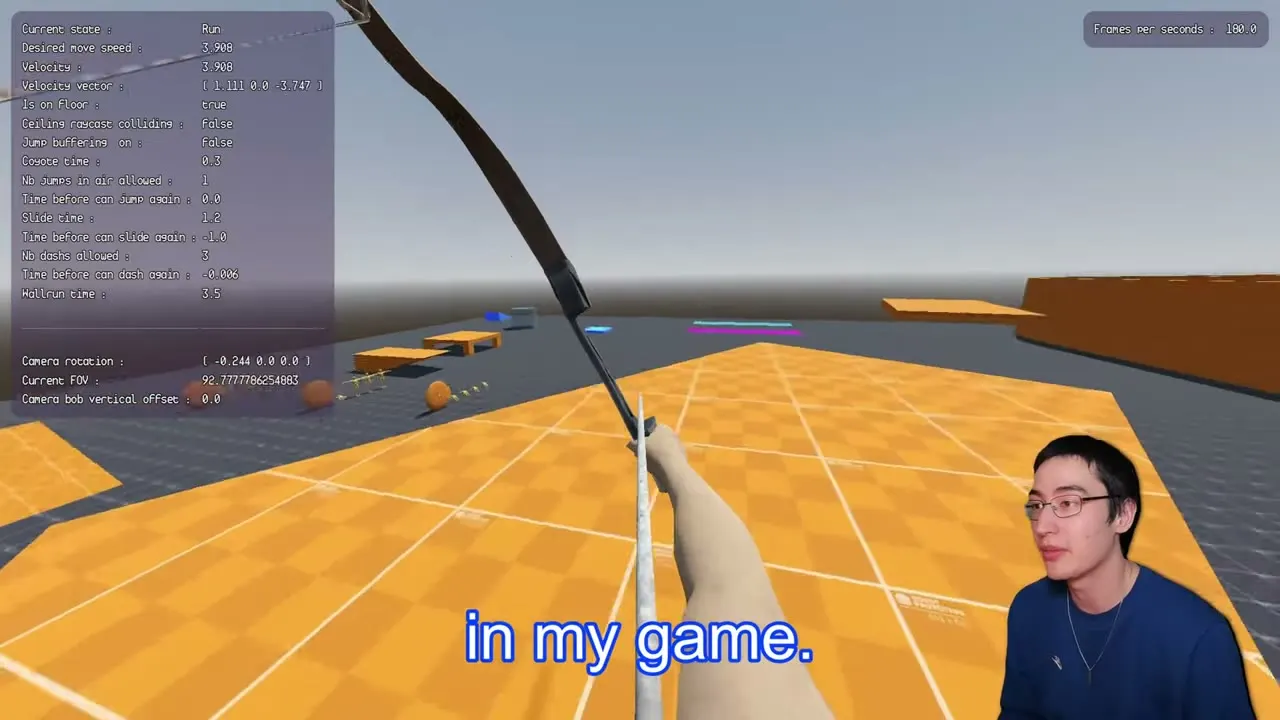 Aiming down a long orange platform course in the test level