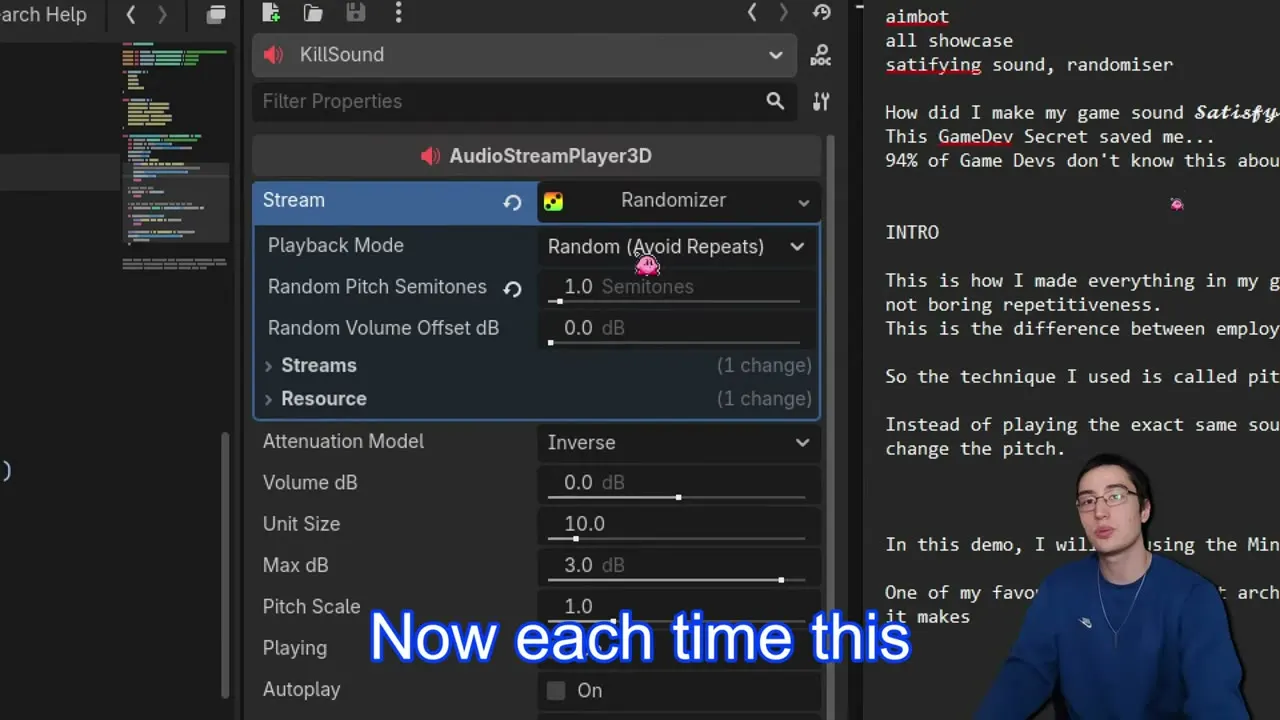 Godot inspector showing an AudioStreamPlayer3D with a random pitch setting for the kill sound