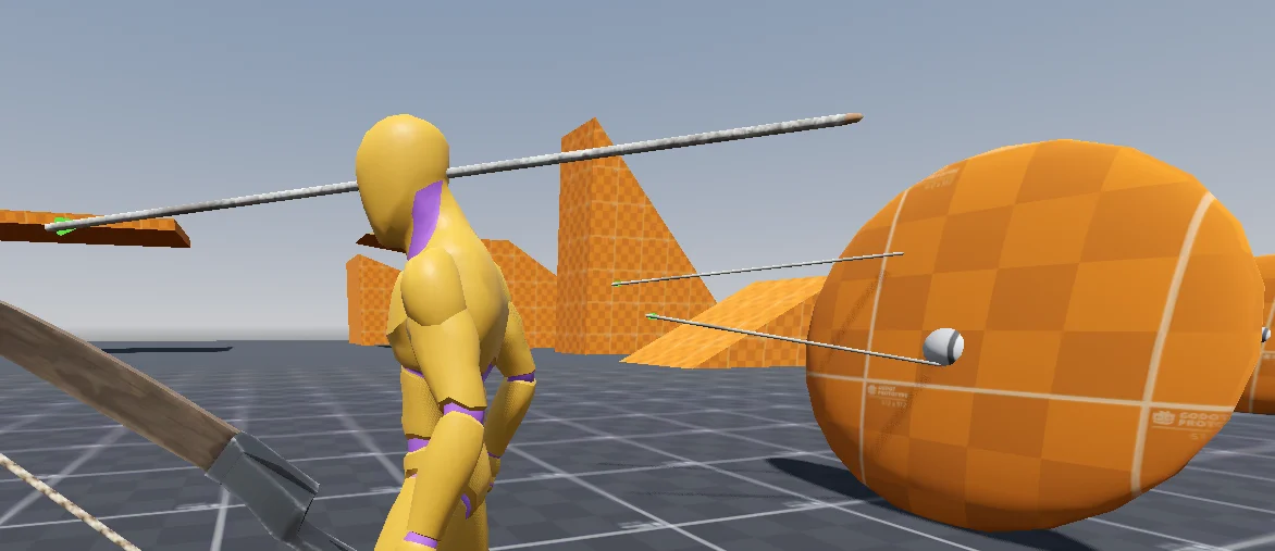 Arrows stuck halfway into a training dummy's ragdoll and by the tip in a target, in Toxo's Godot test level