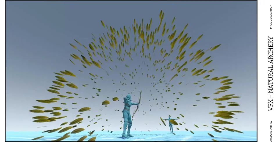 Natural Archery VFX: A fan of golden leaf particles bursting out behind an archer drawing a bow