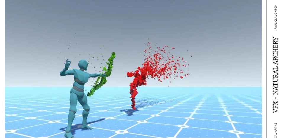 Natural Archery VFX: An archer with a leaf-covered bow facing a twisting column of red particles