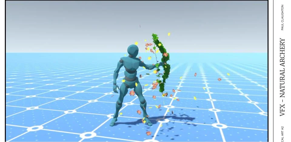 Natural Archery VFX: An archer holding a leafy bow, surrounded by drifting flower and petal particles