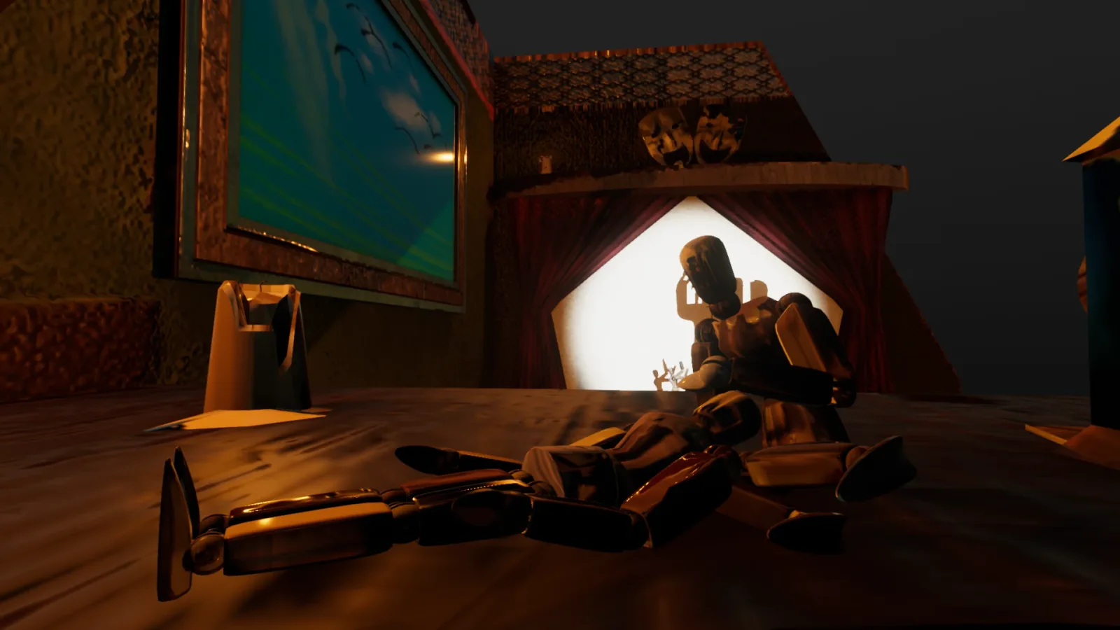 Low view across the workbench: wooden mannequins in front of the glowing shadow stage