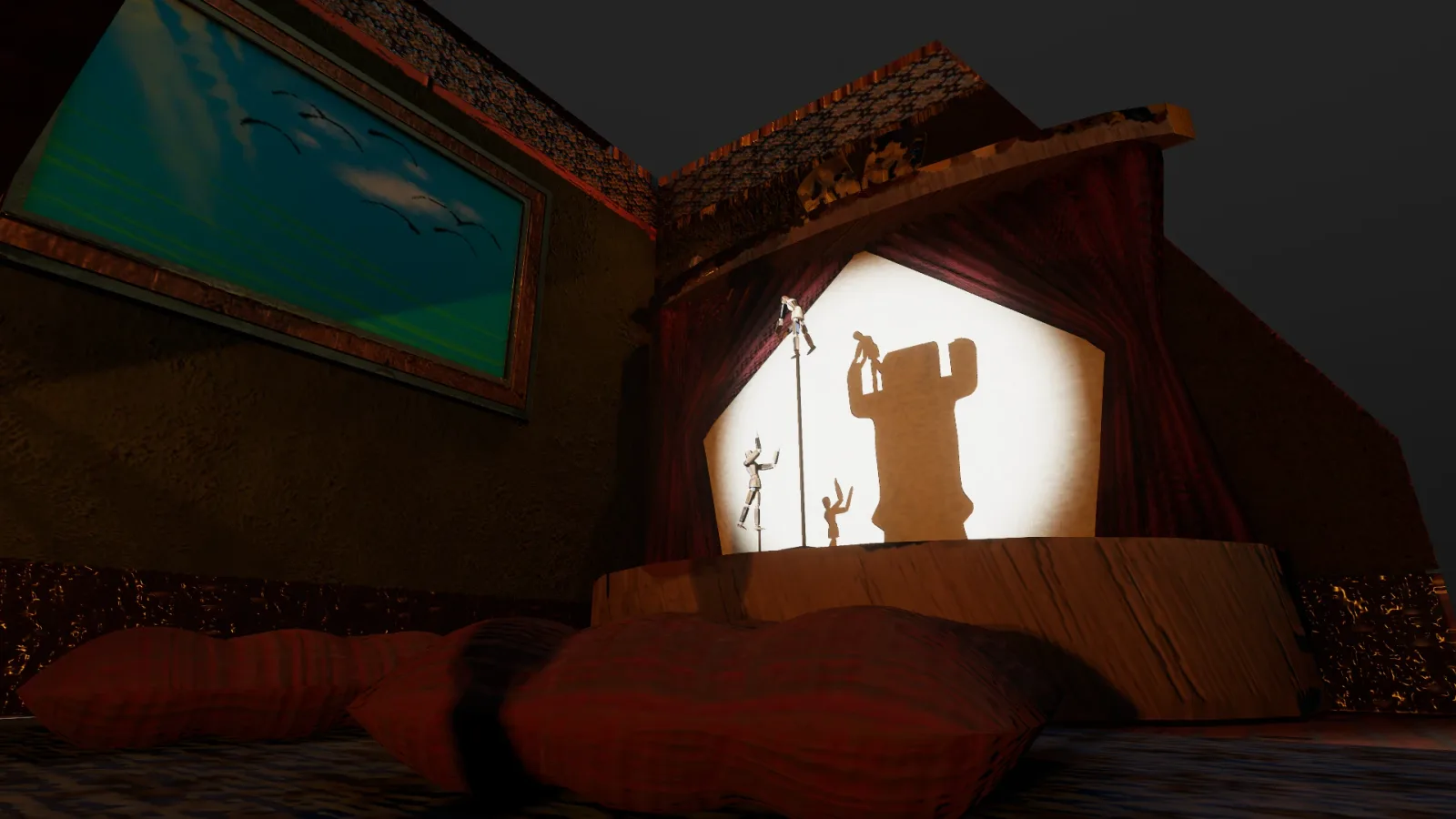 Cushions on the floor facing the stage, where a rook's shadow becomes a castle tower
