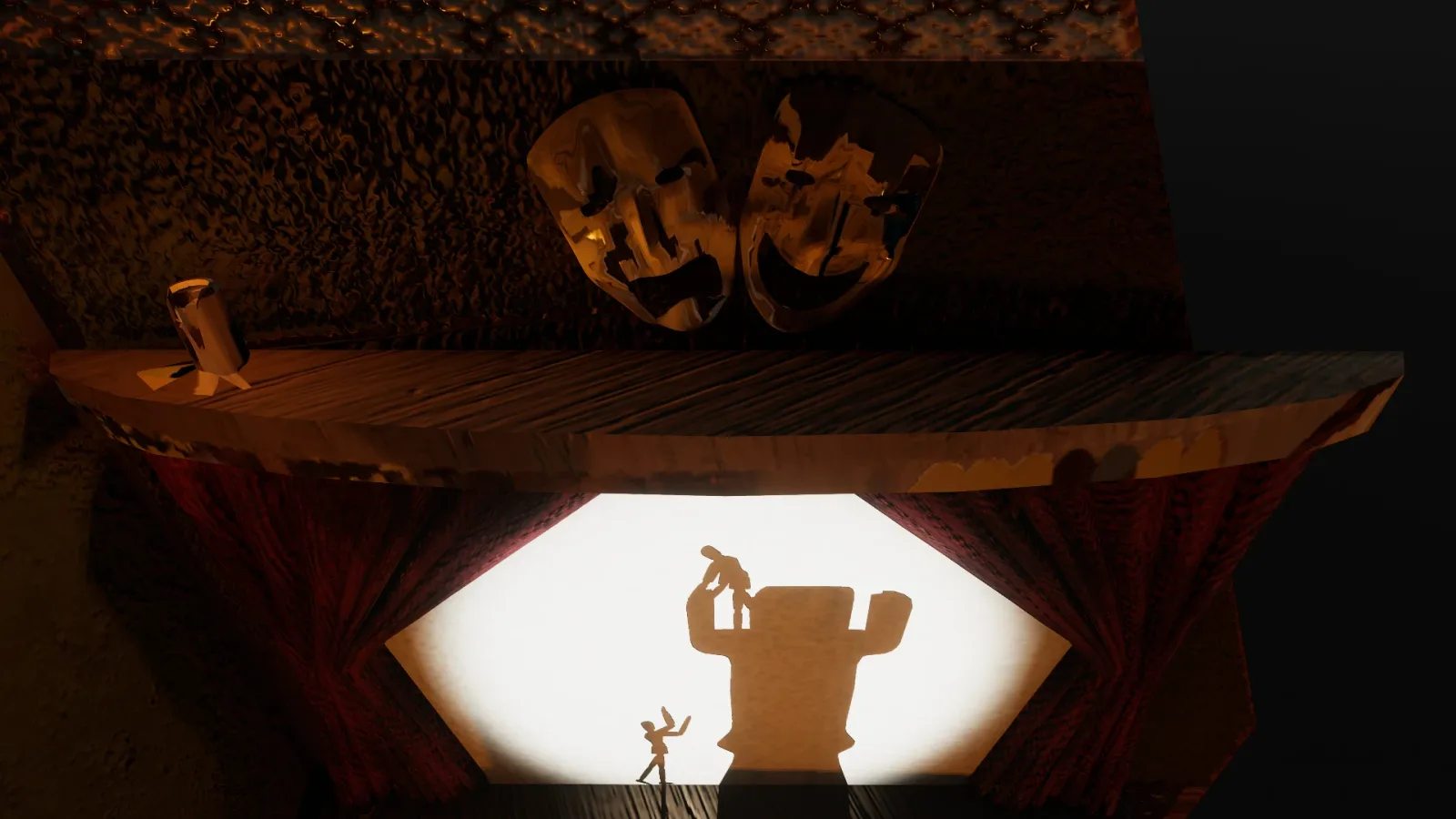Comedy and tragedy masks above the stage as the puppets' shadows play out a balcony scene