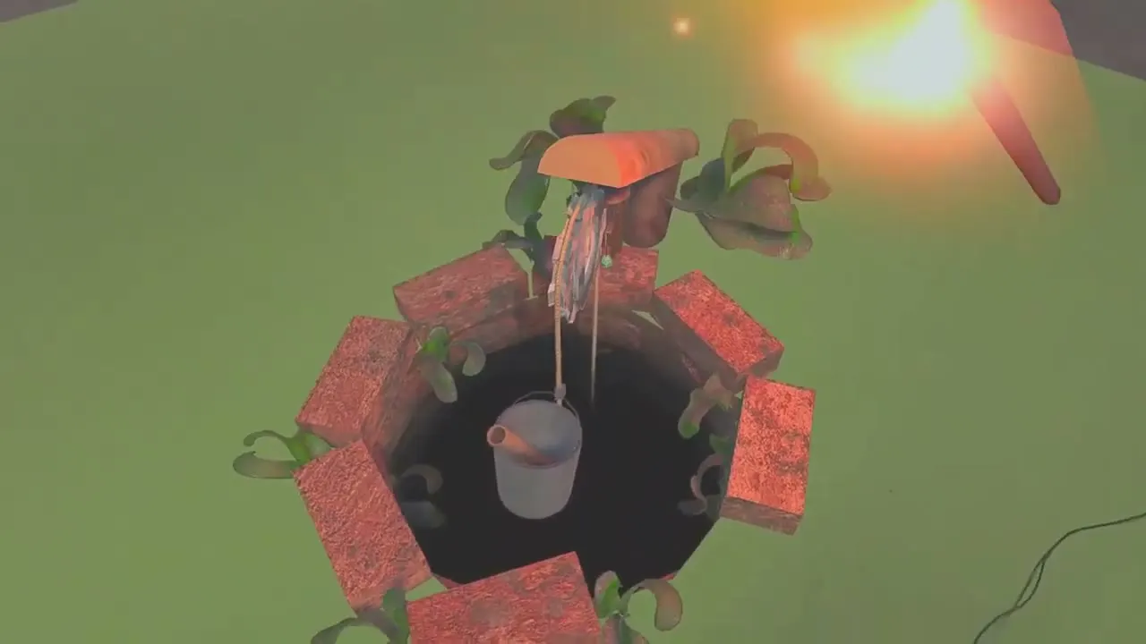 A bucket hanging on its rope inside the well